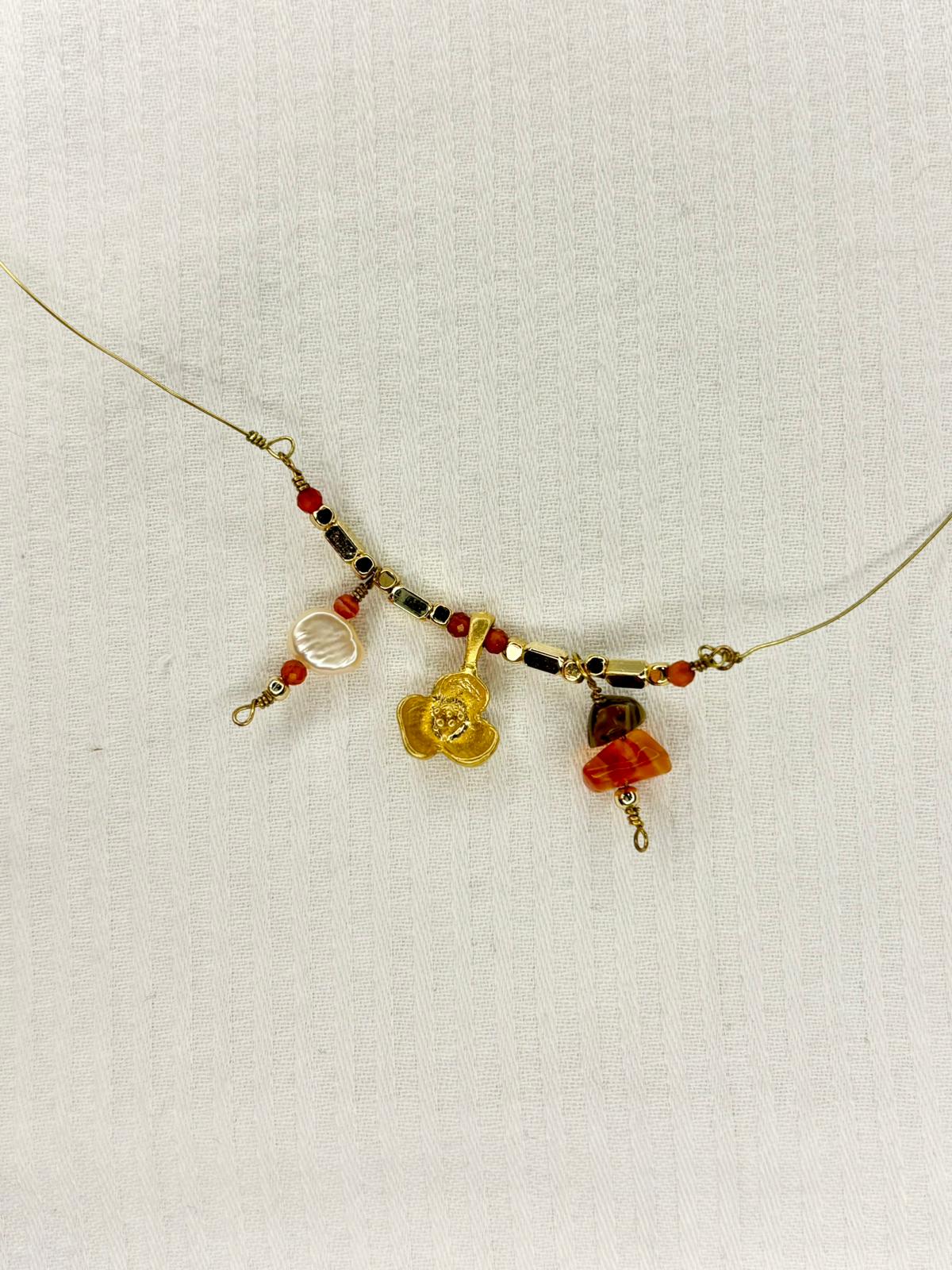 Carnelian Gold Flower Pendant Necklace