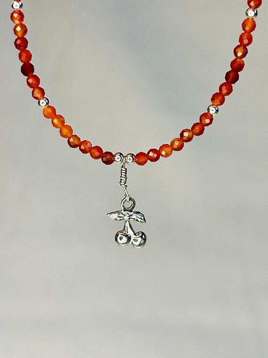 Dainty Gemstone Carnelian Bracelet with Cherry Pendant