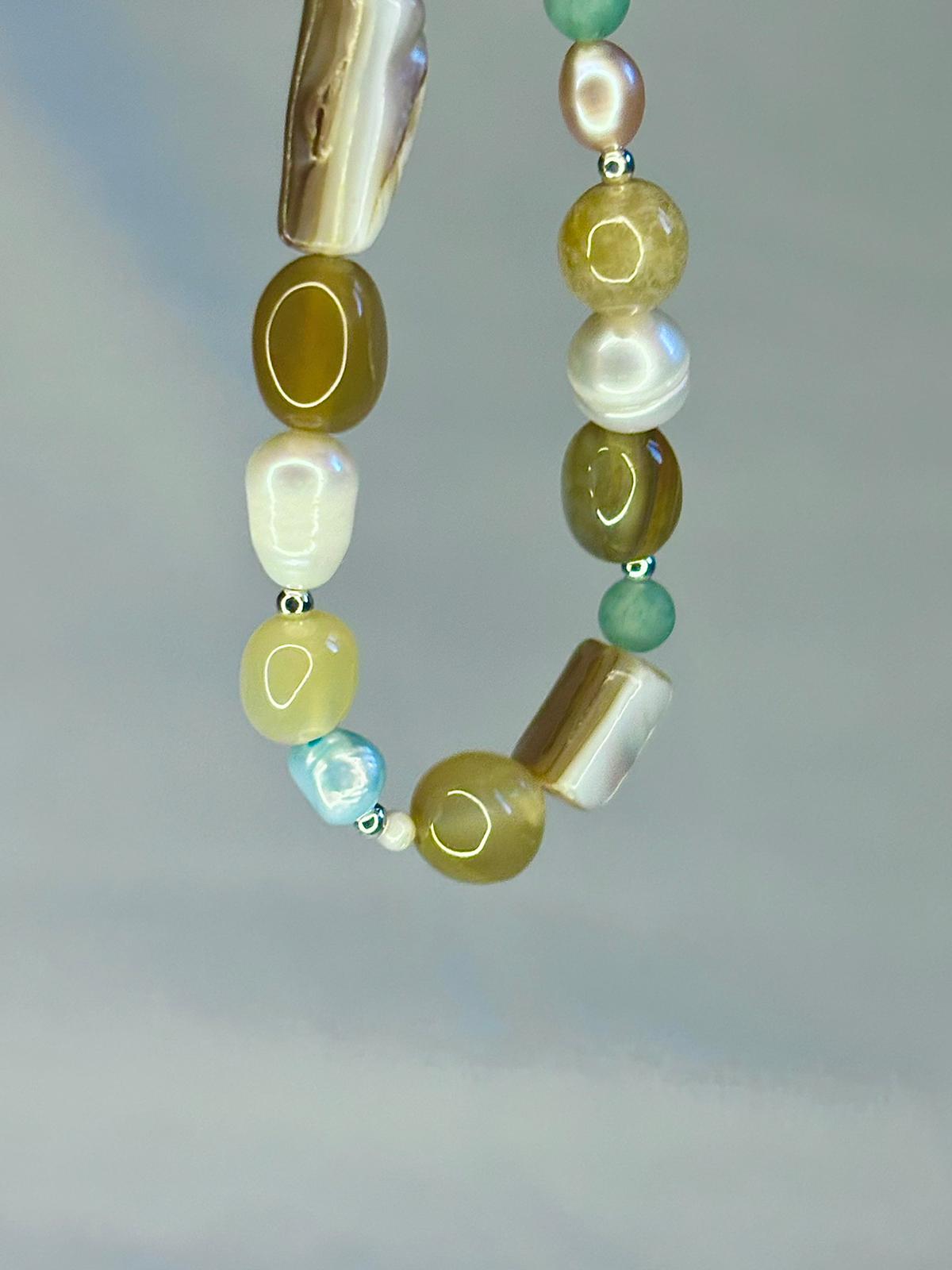 Chunky Gemstone Bracelet Yellow Agate and Freshwater Pearl