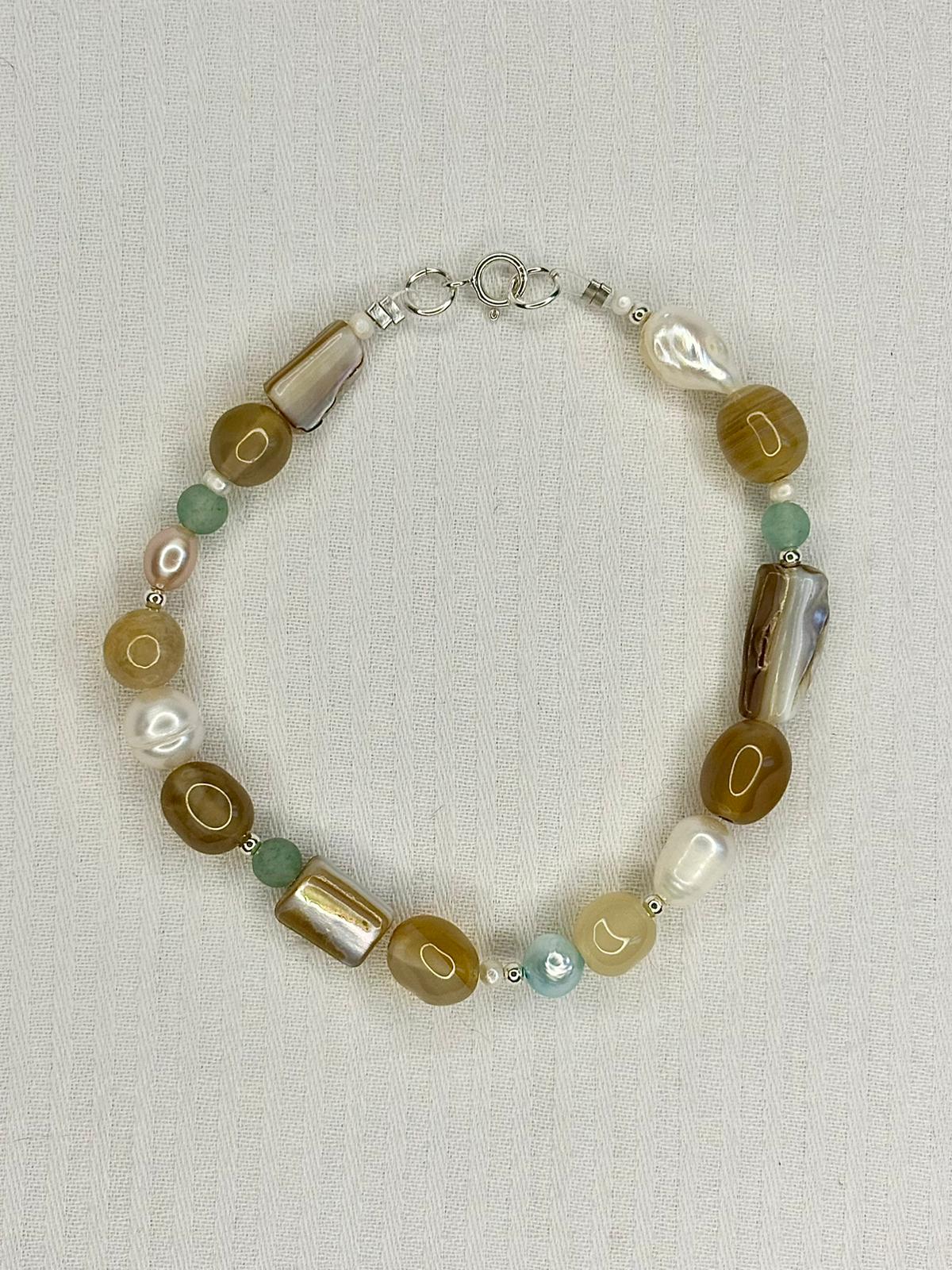 Chunky Gemstone Bracelet Yellow Agate and Freshwater Pearl