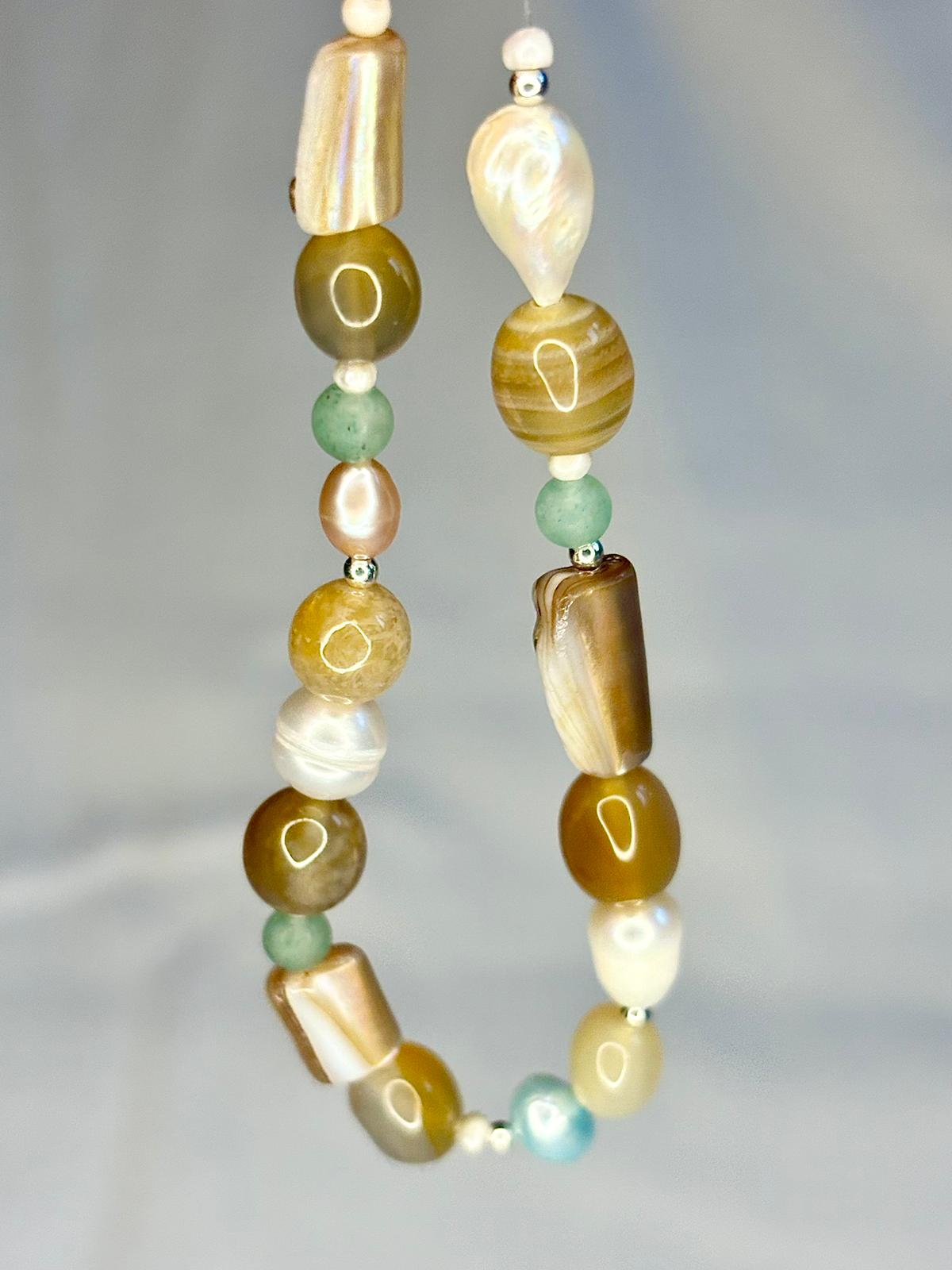 Chunky Gemstone Bracelet Yellow Agate and Freshwater Pearl