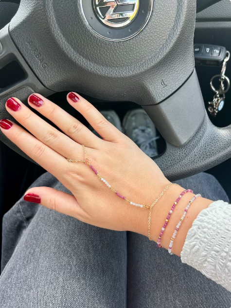 Dainty Gemstone Hand Chain Blue Chalcedony and Ruby