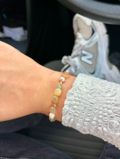 Chunky Gemstone Bracelet Yellow Agate and Freshwater Pearl