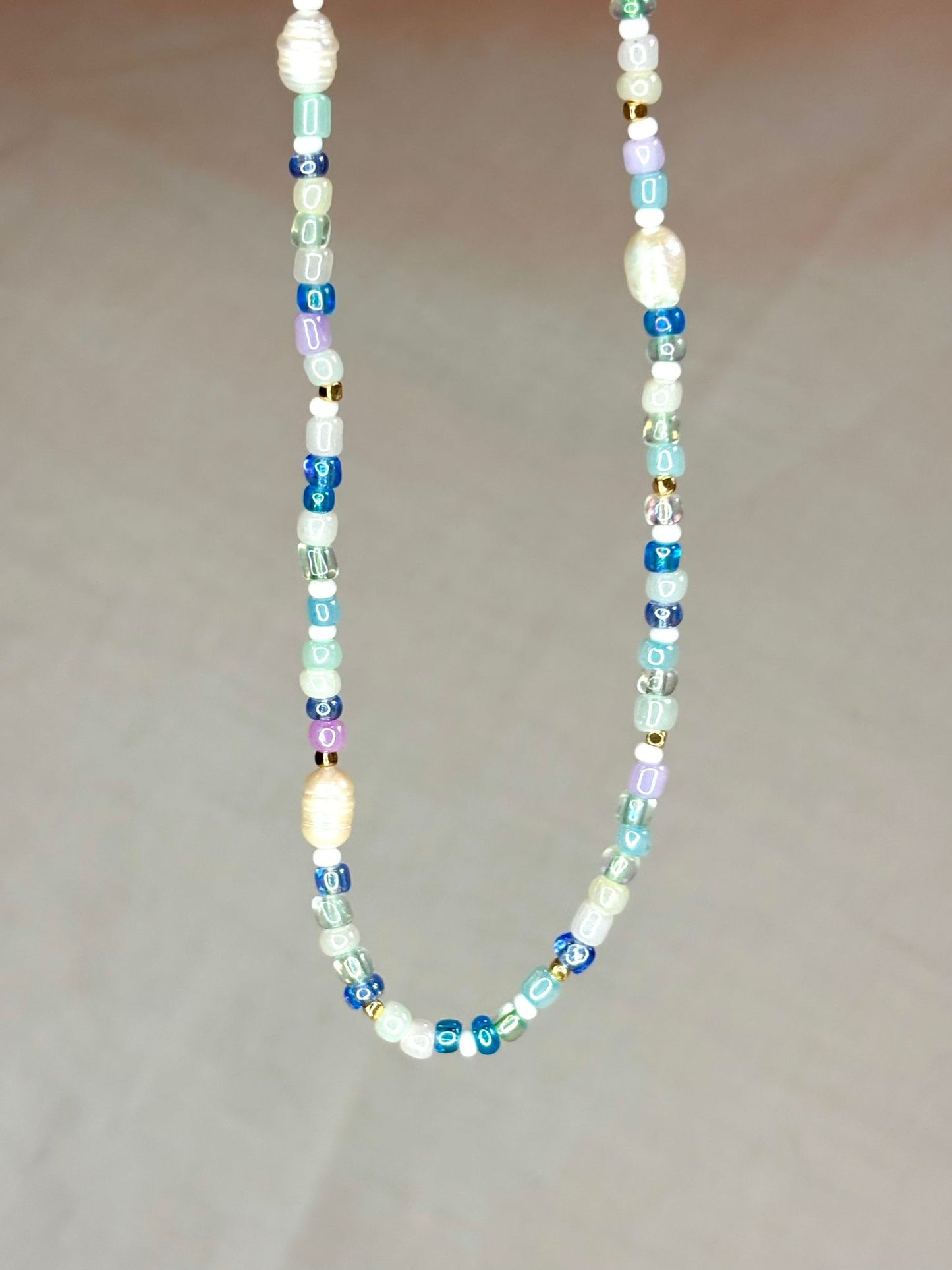 Blue Beaded Necklace with freshwater pearl