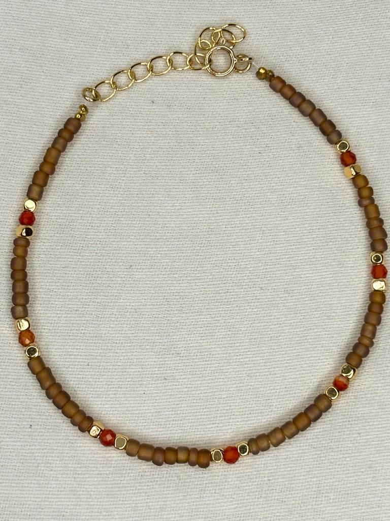 Dainty Carnelian Gemstone and Brown Beaded Bracelet