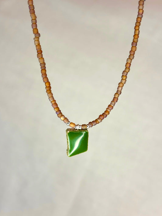 Brown Beaded Necklace with Green Mosaic Pendant