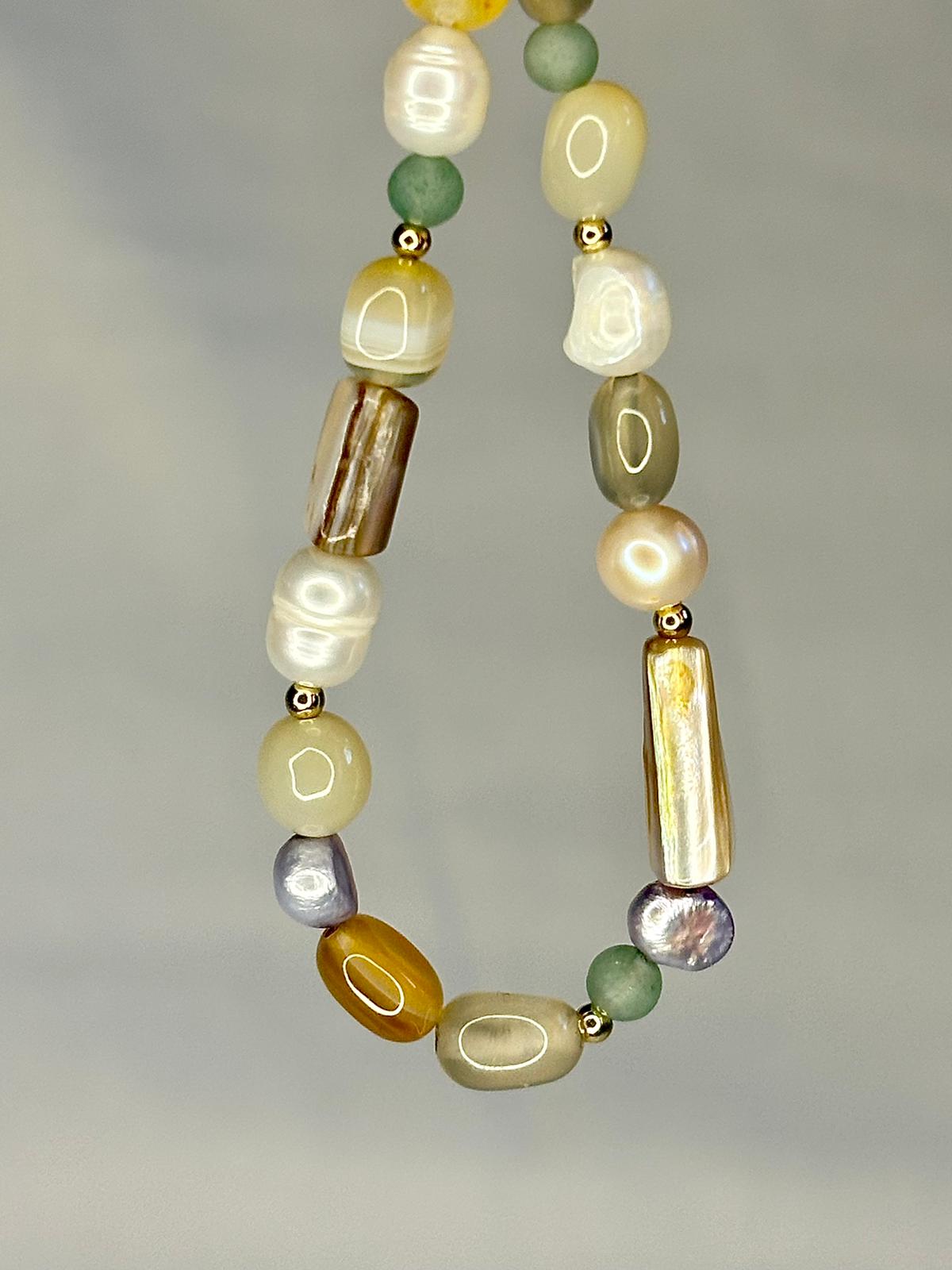 Chunky Gemstone Bracelet Yellow Agate and Freshwater Pearl