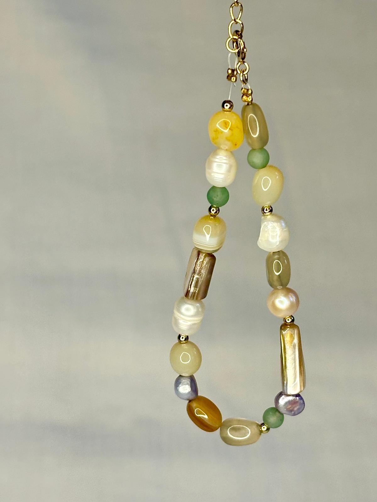 Chunky Gemstone Bracelet Yellow Agate and Freshwater Pearl