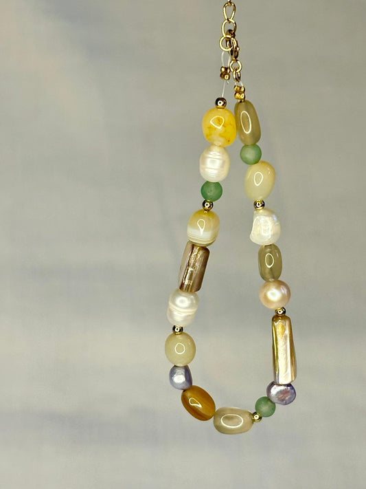 Chunky Gemstone Bracelet Yellow Agate and Freshwater Pearl