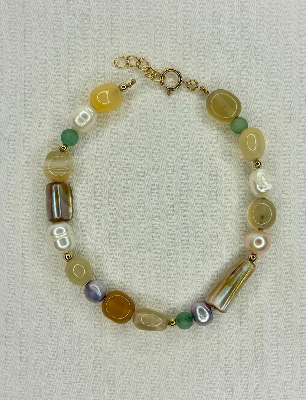 Chunky Gemstone Bracelet Yellow Agate and Freshwater Pearl