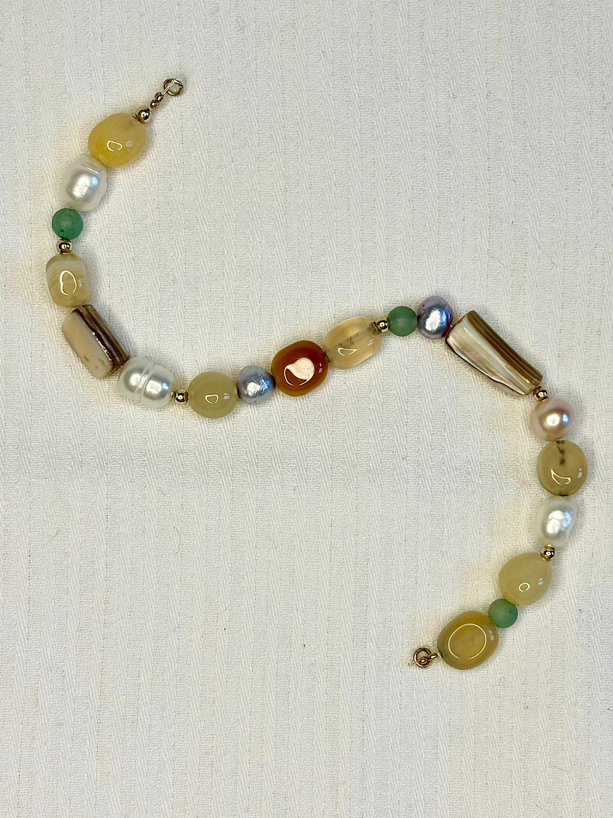 Chunky Gemstone Bracelet Yellow Agate and Freshwater Pearl