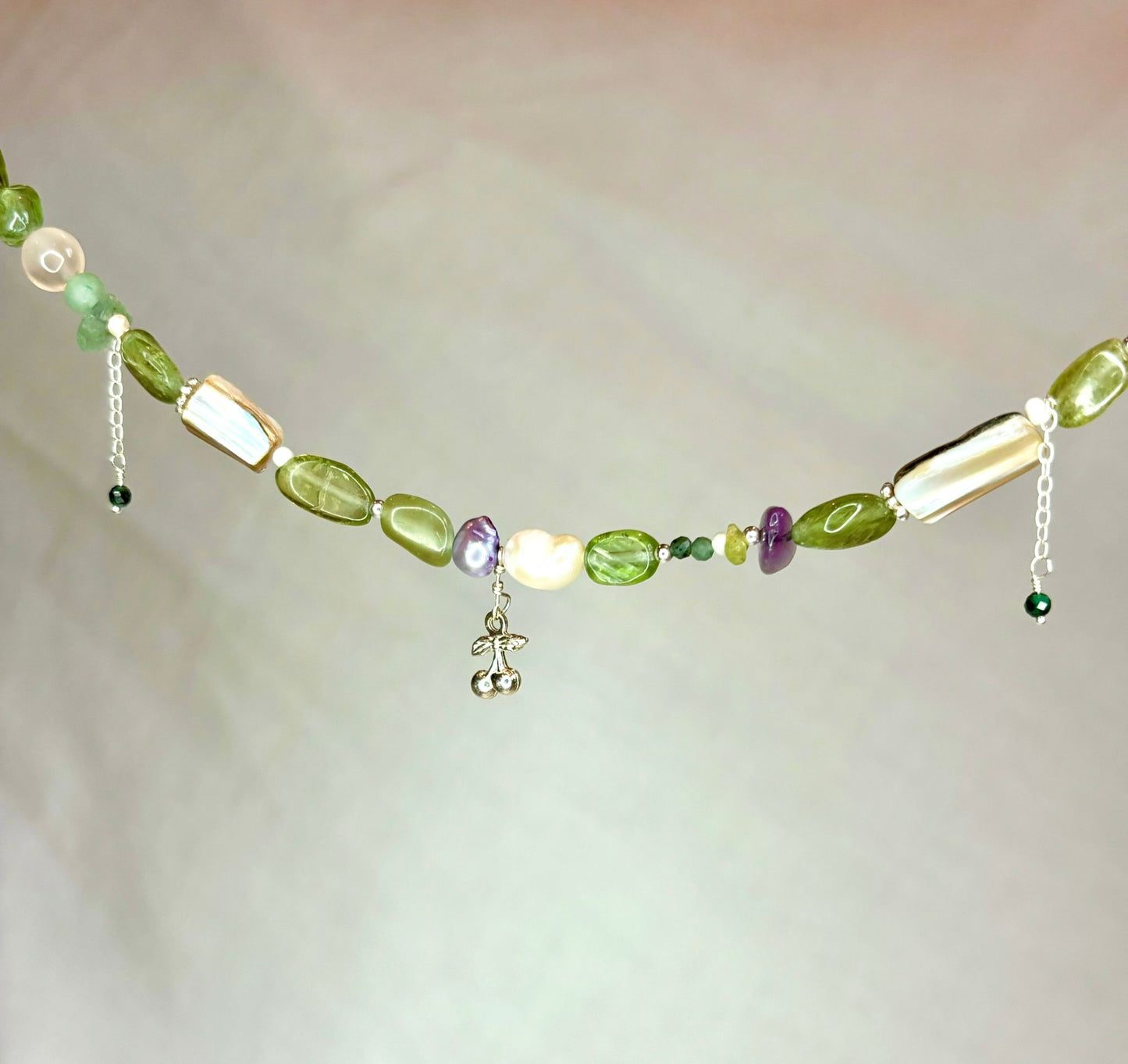 Chunky Gemstone Bracelet Green Apatite with Cherry Pendant