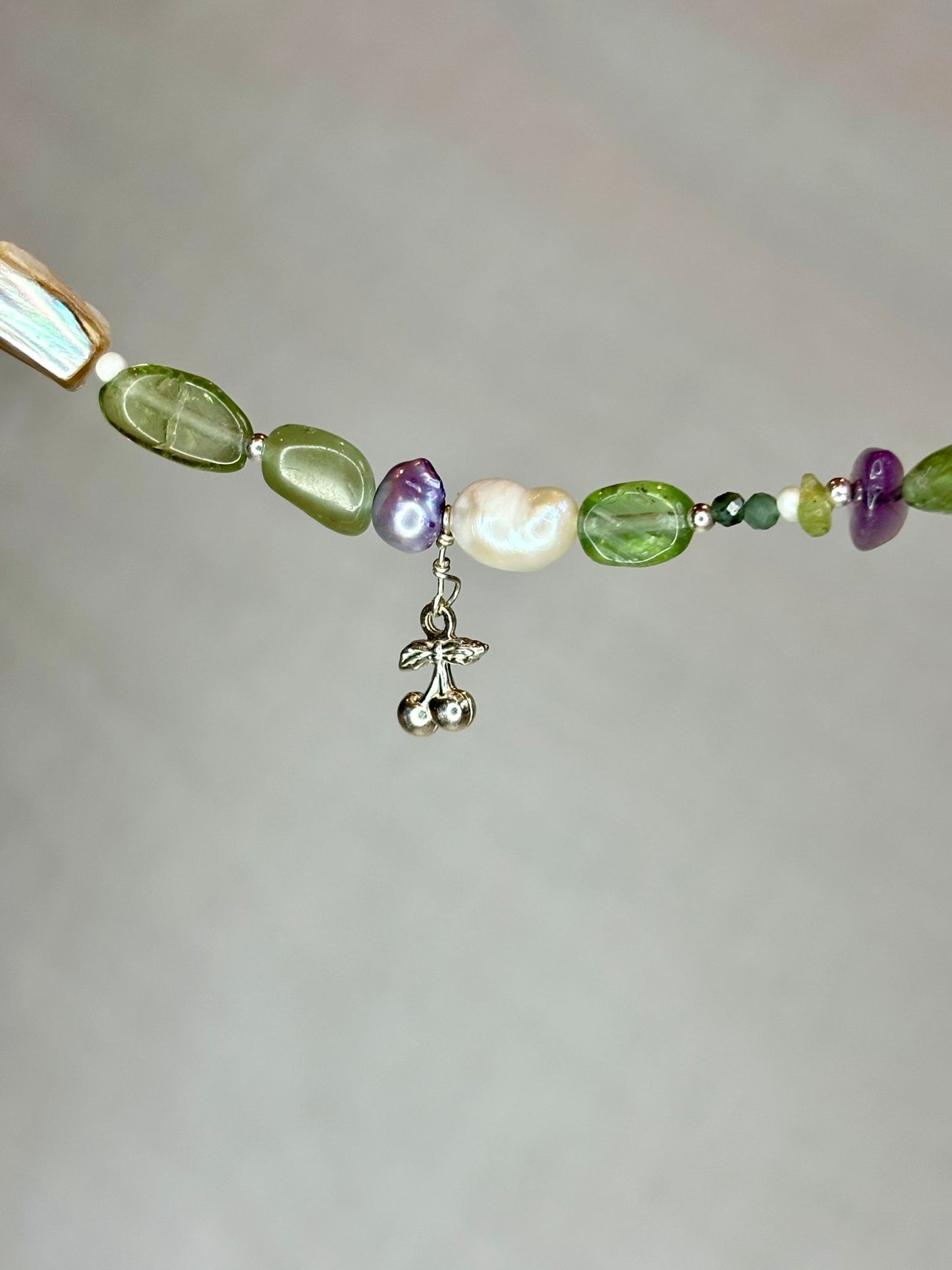 Chunky Gemstone Bracelet Green Apatite with Cherry Pendant