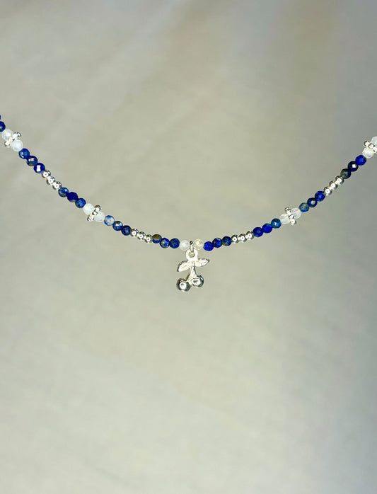 Dainty Gemstone Lapiz Lazuli Bracelet with Cherry Pendant