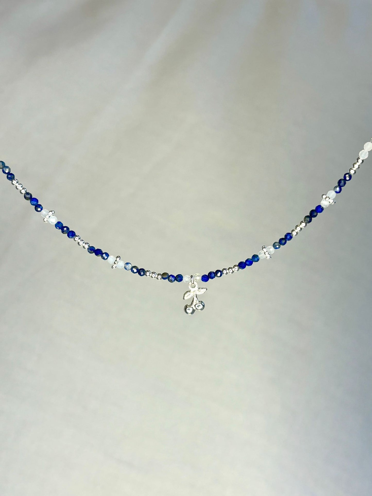 Dainty Gemstone Lapiz Lazuli Bracelet with Cherry Pendant