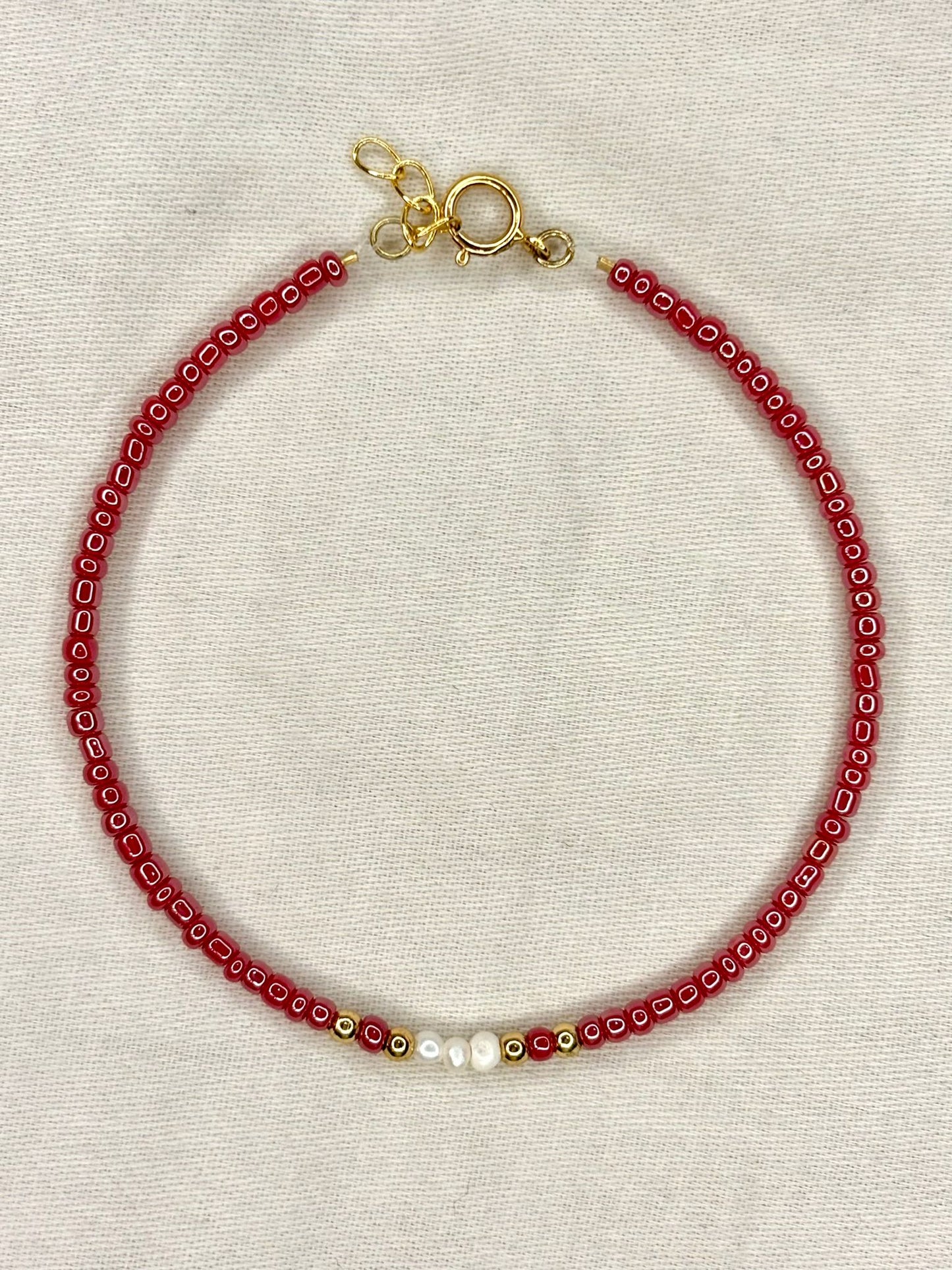 Red Beaded Bracelet with Freshwater Pearls