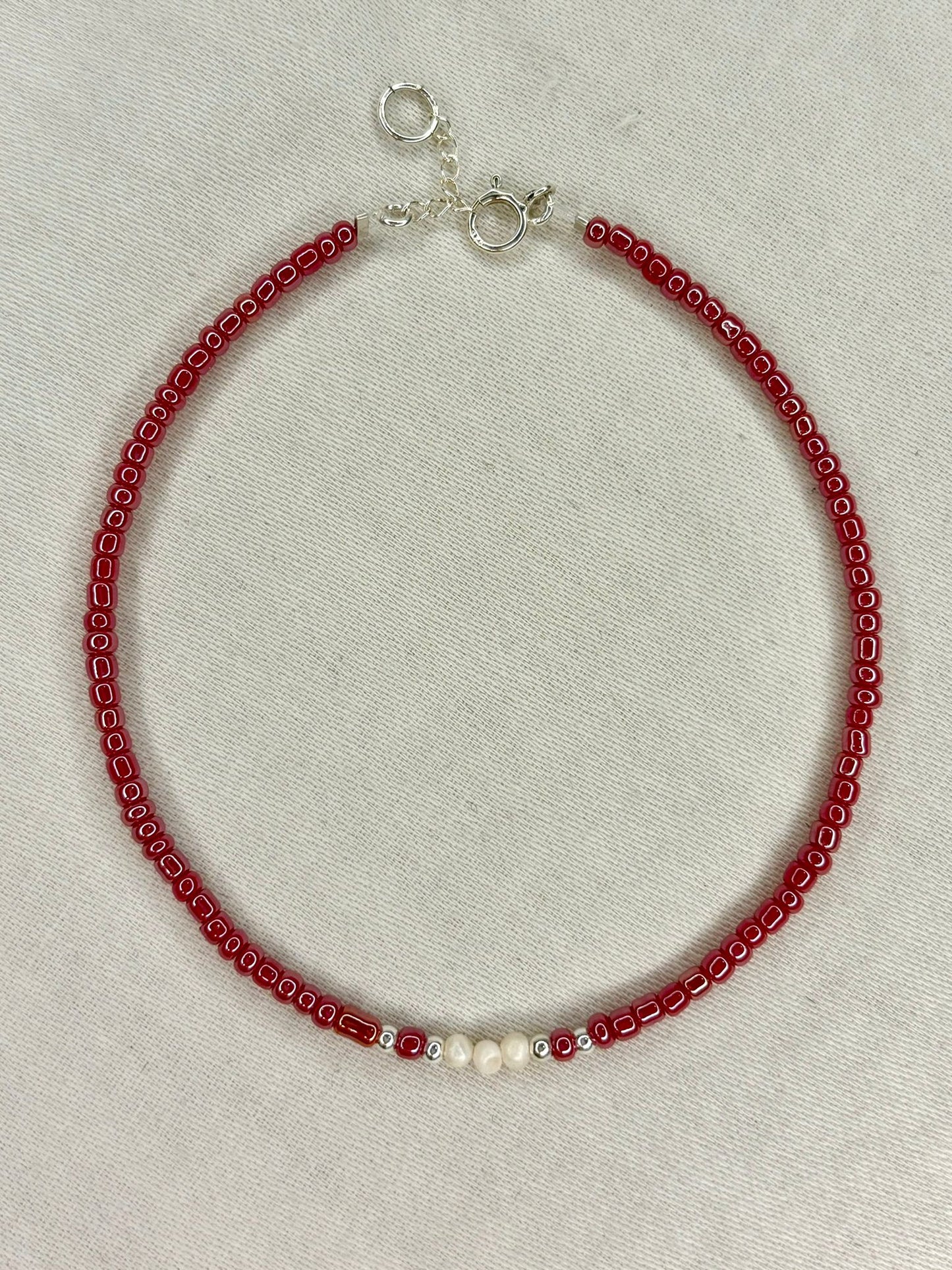 Red Beaded Bracelet with Freshwater Pearls