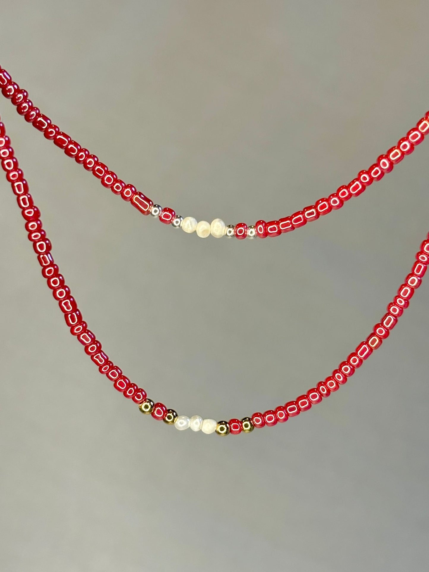 Red Beaded Bracelet with Freshwater Pearls