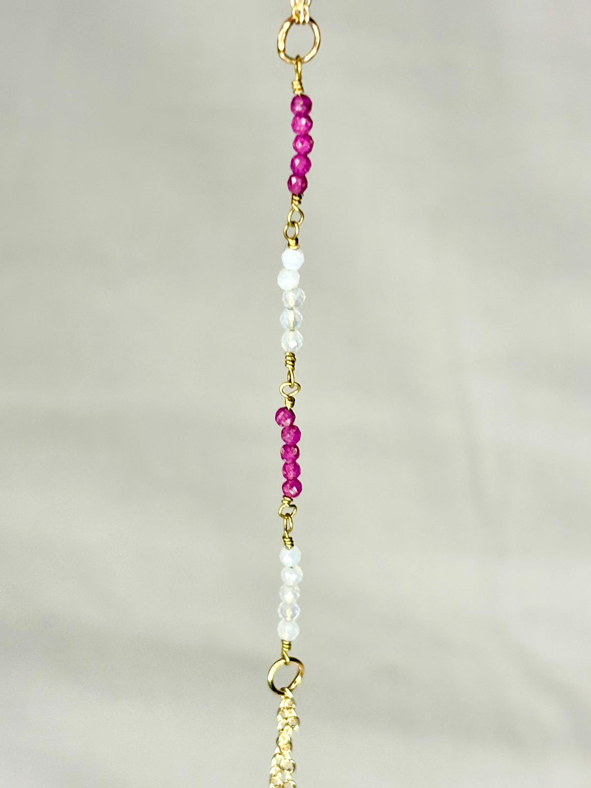 Dainty Gemstone Hand Chain Blue Chalcedony and Ruby