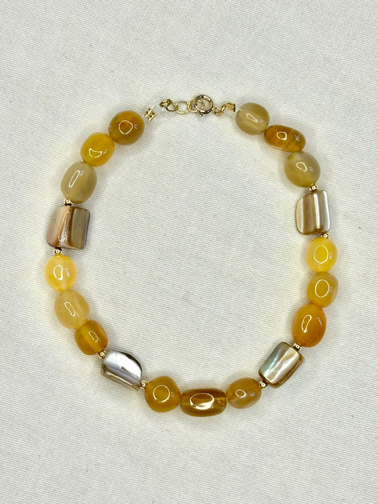 Chunky Gemstone Bracelet Yellow Agate and Pearl